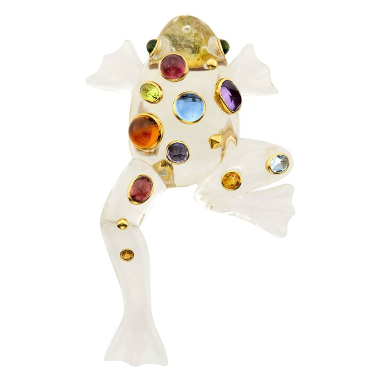 18k gold frog clip-brooch with carved rock crystal and colored stones