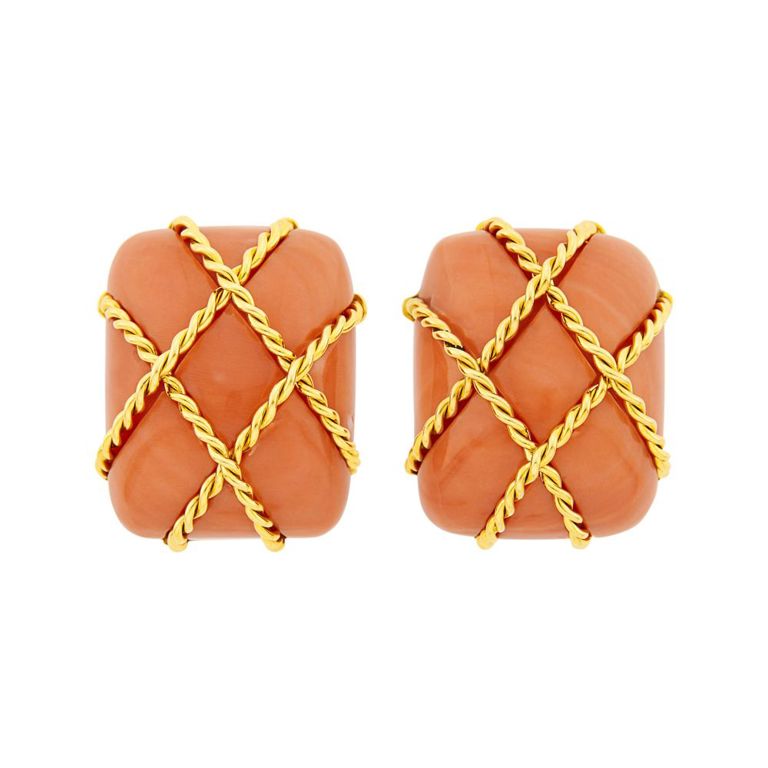 18k gold and coral 'caged' earclips by Seaman Schepps