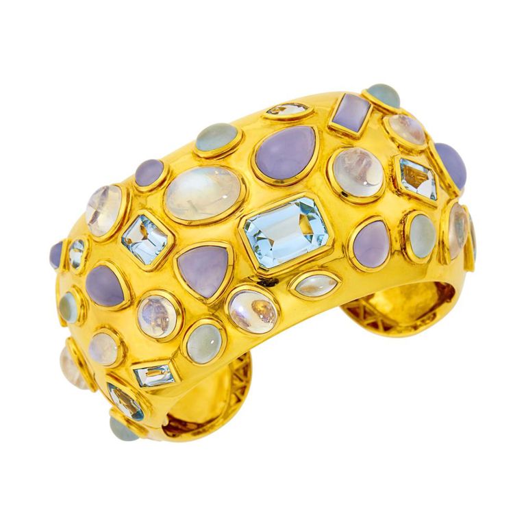 18k gold 'Fifties' cuff bangle bracelet with moonstone, blue topaz and chalcedony