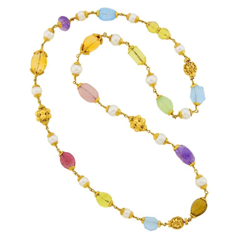 18k gold 'Baroque' necklace with colored stone beads and cultured pearl
