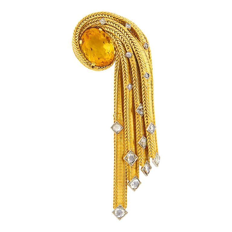 18k gold and platinum fringe clip-brooch with citrine and diamond