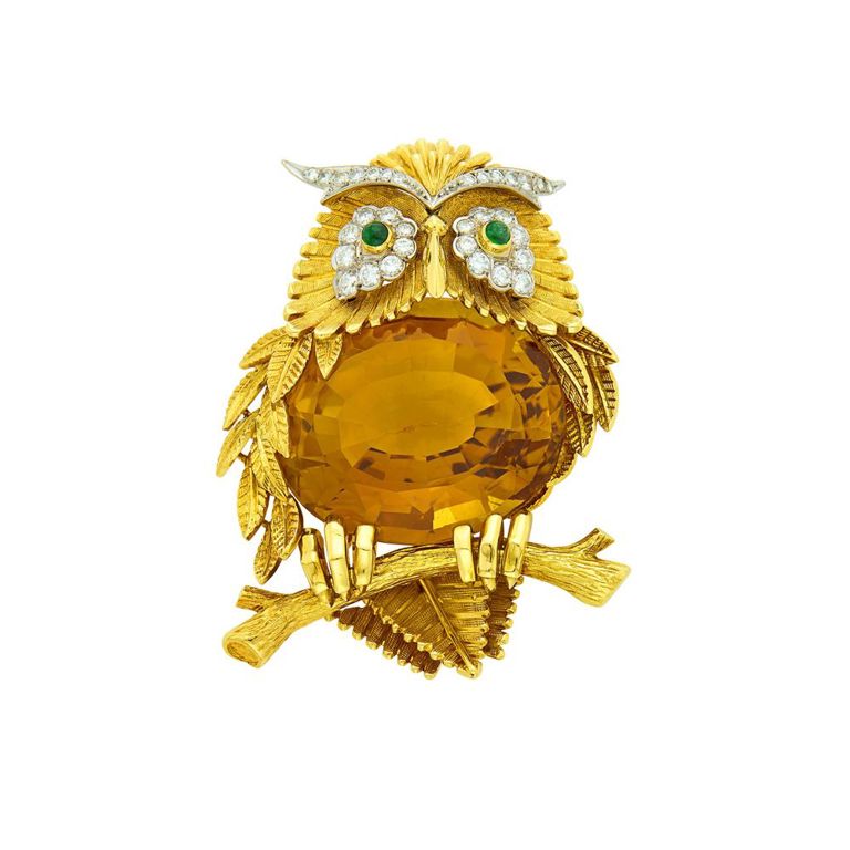 Two-color gold owl clip-brooch
