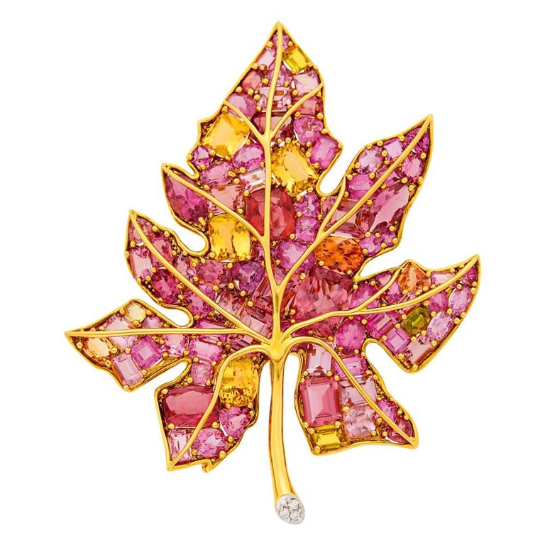 18k gold maple leaf clip-brooch with colored stones and diamond