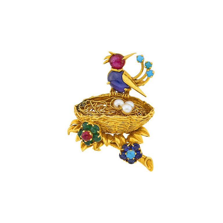 18k gold bird in nest clip-brooch