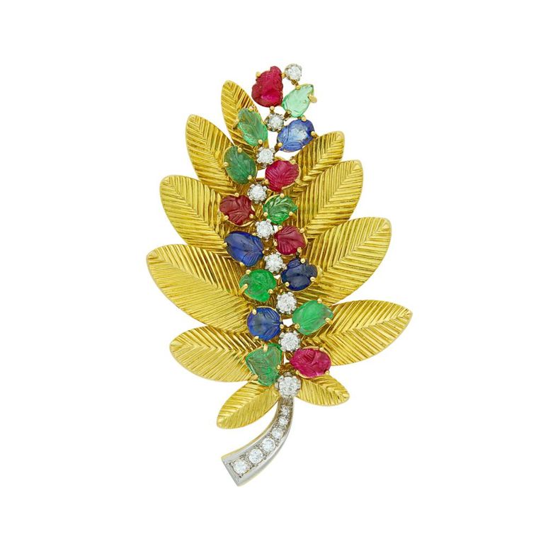 18k gold and platinum leaf clip-brooch