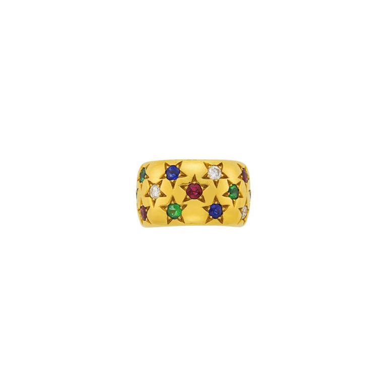 18k gold wide band ring with gem-set and diamond