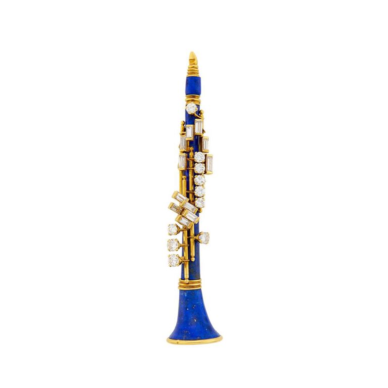 18k gold clarinet brooch with lapis and diamond