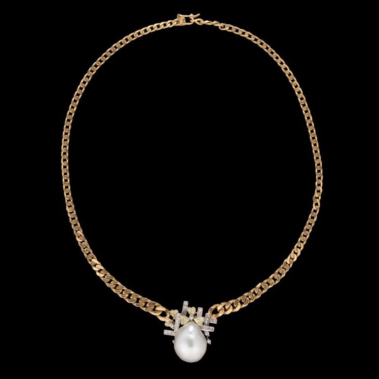 Vintage 18k gold, baroque South Sea pearl and diamond necklace