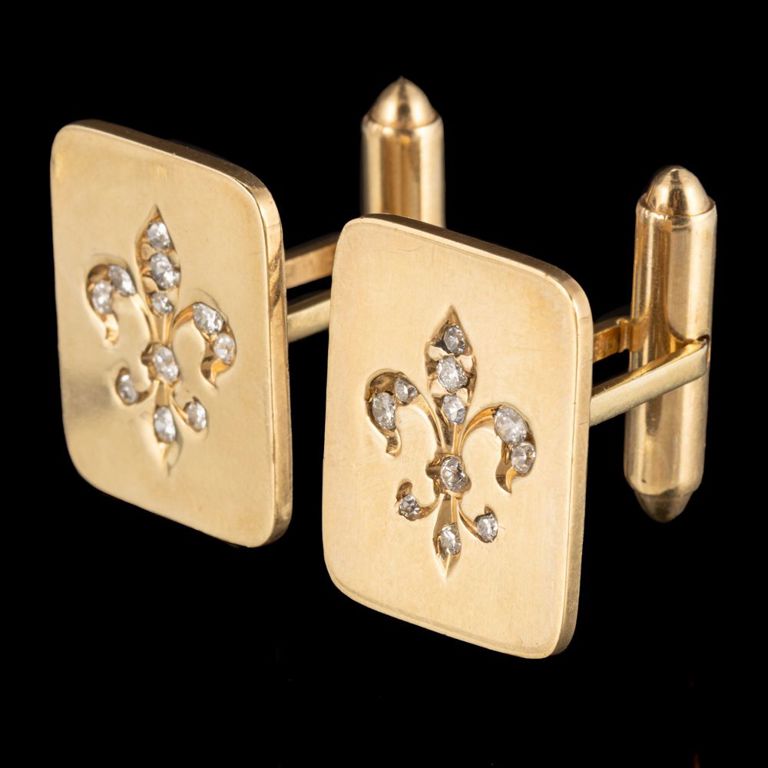 Vintage 14k yellow gold and diamond fleur-de-lis cufflinks