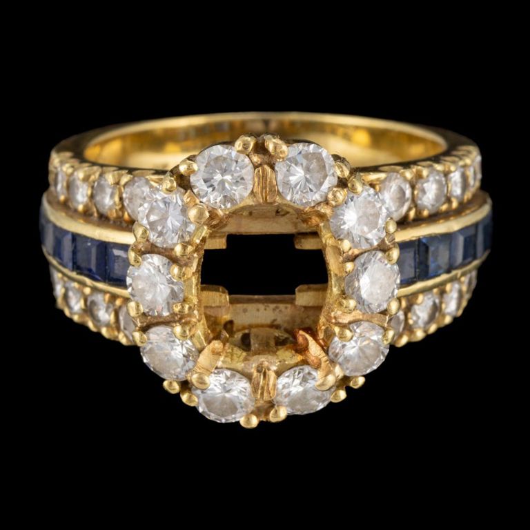 Vintage 18k yellow gold, diamond, and sapphire women's ring
