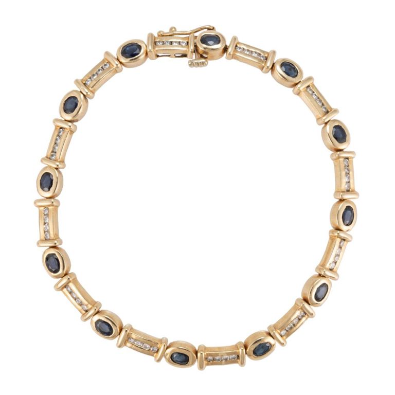 Vintage 14k yellow gold, diamond, and sapphire tennis bracelet