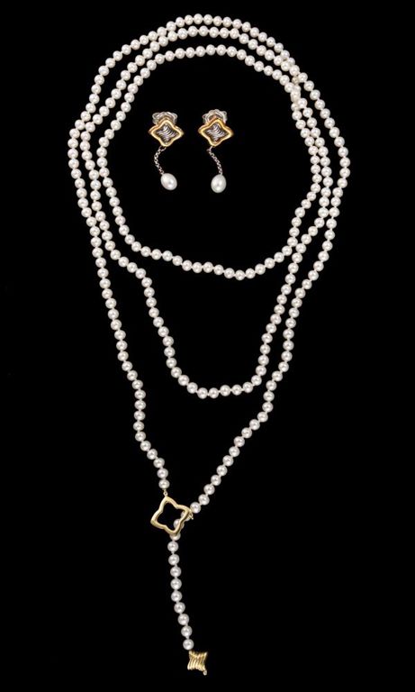 David Yurman 18k yellow gold, sterling silver and pearl quatrefoil jewelry ensemble