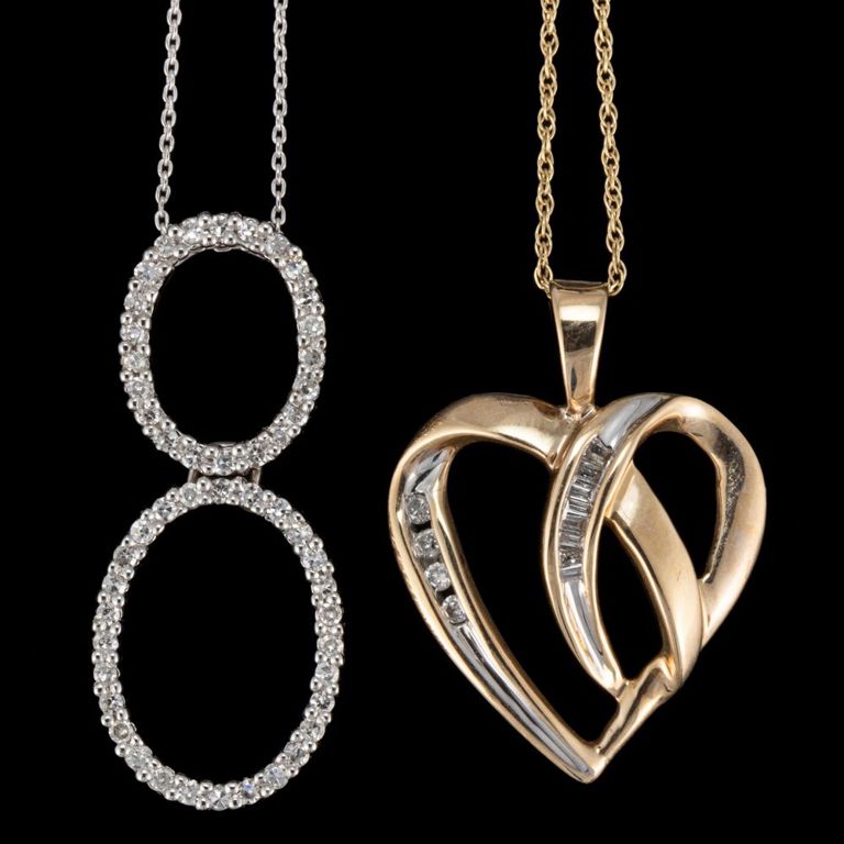 10k and 14k gold and diamond pendants on necklace chains