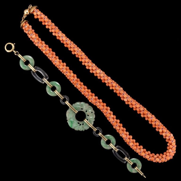 Vintage 14k yellow gold jade, coral and beaded jewelry
