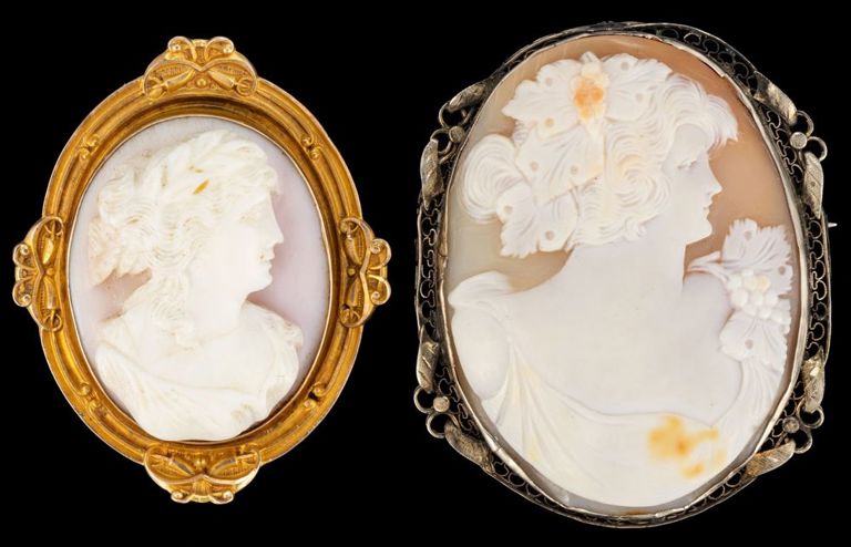 10k gold and cameo brooches/pendants