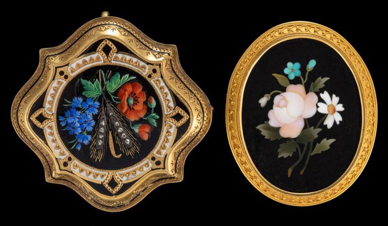 Lot of two 18k and 14k gold enameled and inlaid brooches