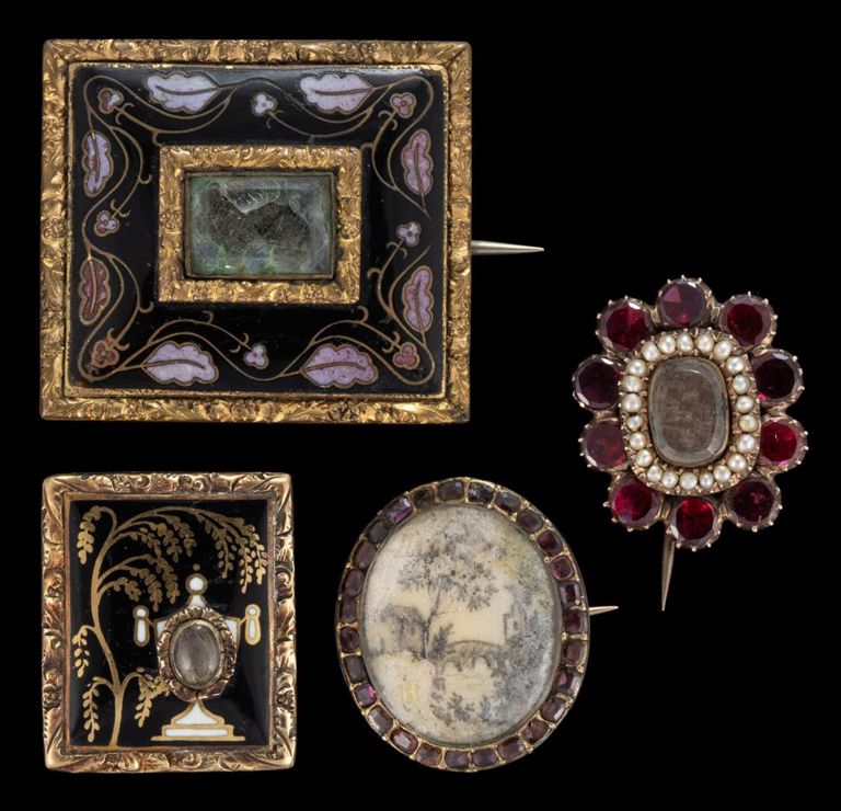 Lot of four 14k and 10k gold-filled hair-work mourning brooches