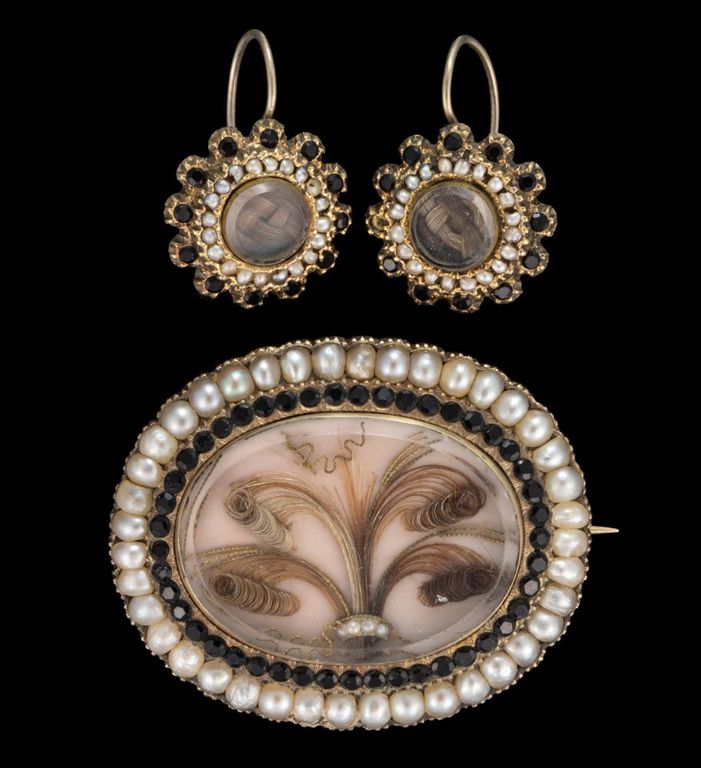 Lot of three Georgian/Victorian gold-filled hair-work mourning jewelry pieces