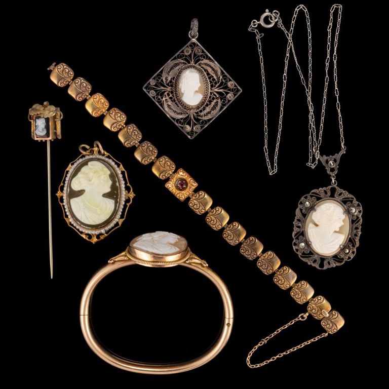 Lot of six sterling silver, gold-filled and cameo jewelry