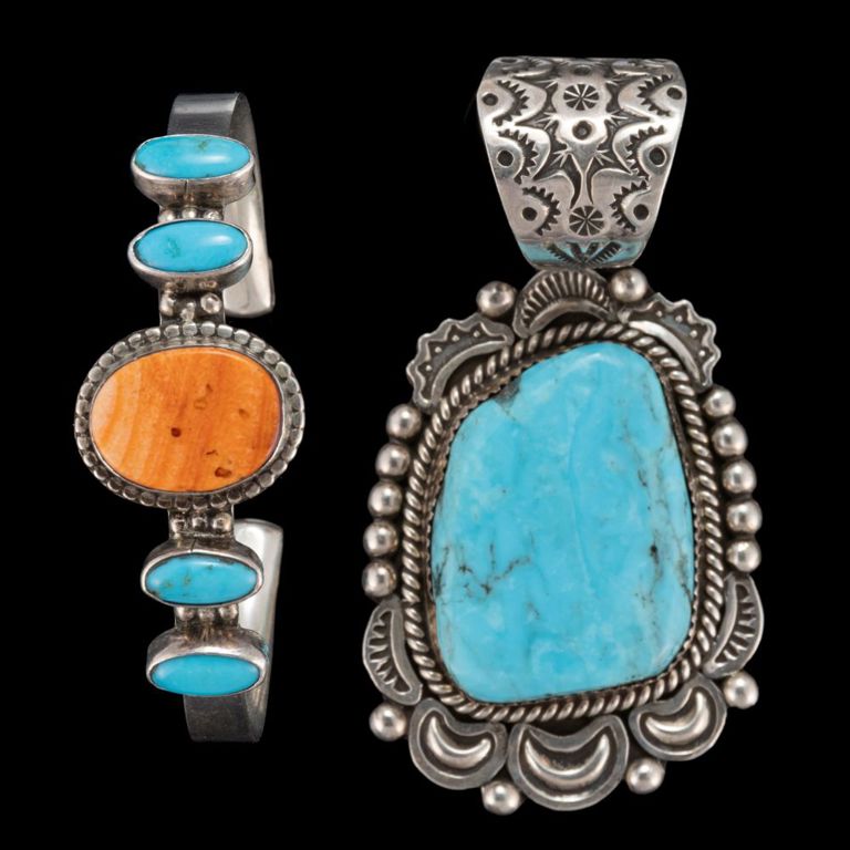 Lot of two Navajo sterling silver and stone jewelry pieces