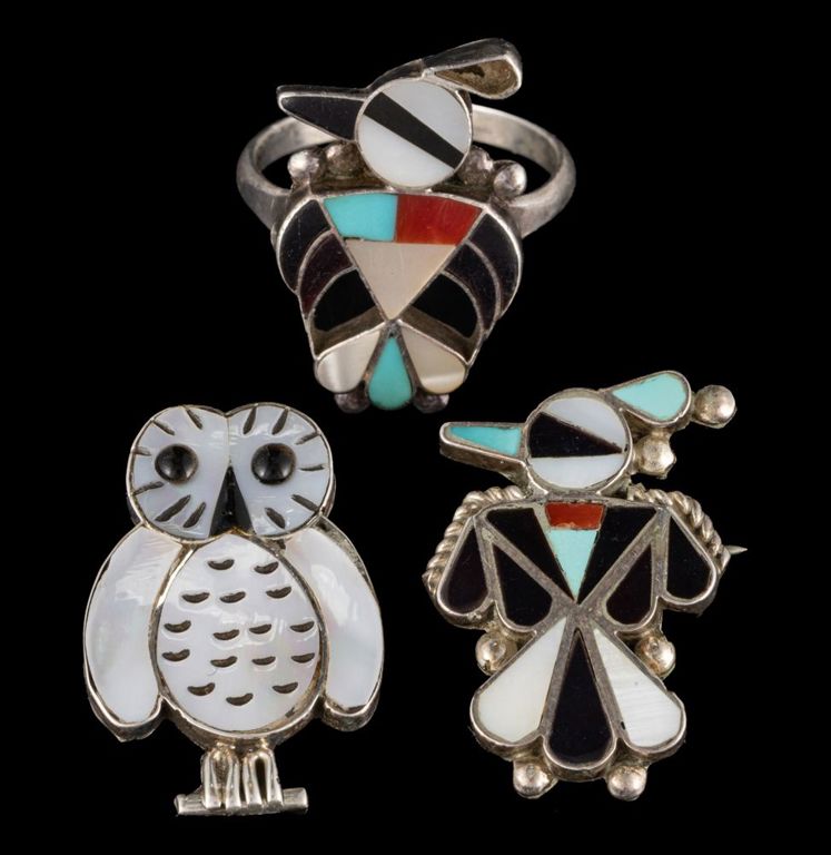 Lot of three Native American Zuni silver inlaid bird jewelry