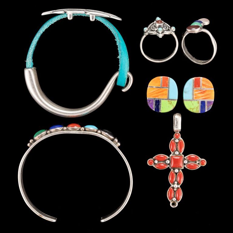 Lot of seven Native American/Southwestern-style sterling silver and other jewelry
