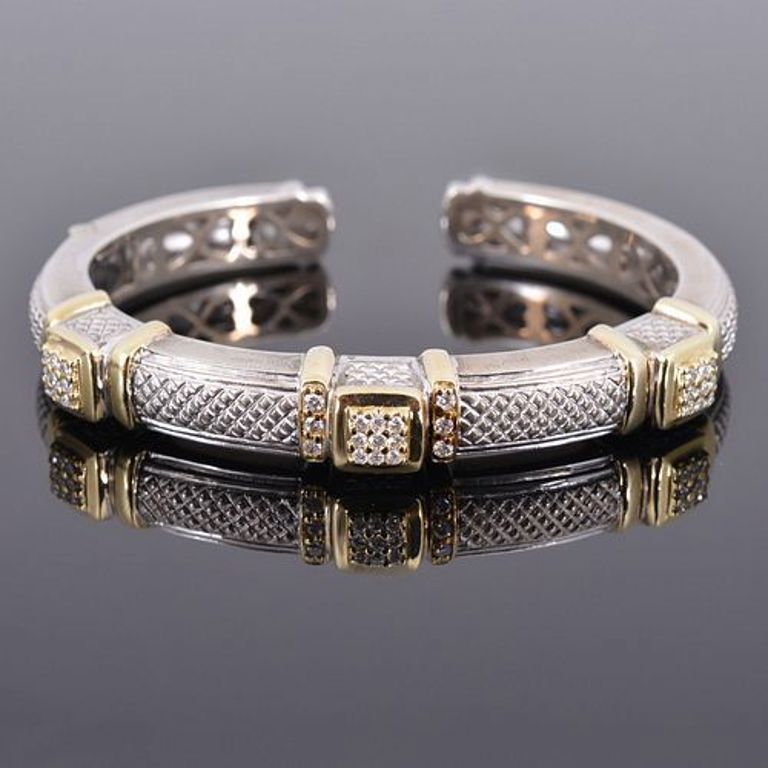 18k gold, sterling silver and diamond hinged cuff estate bracelet