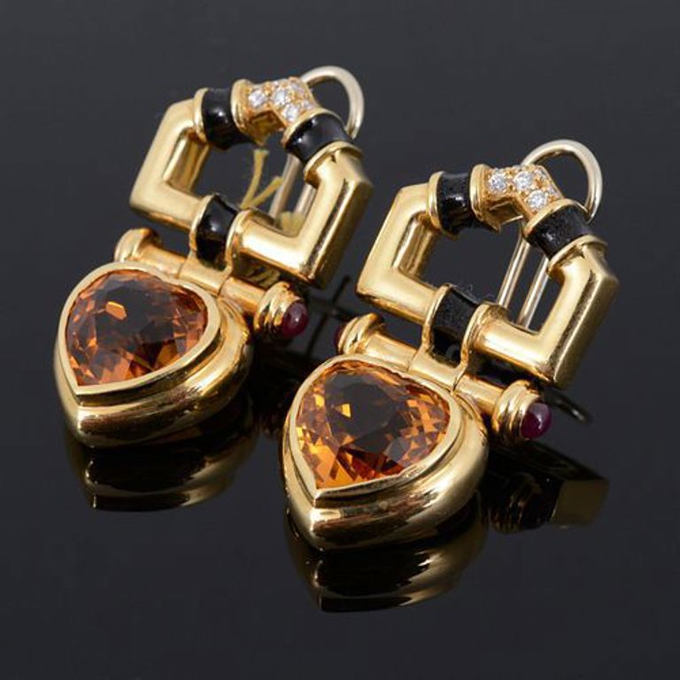 18k gold, diamond, citrine and ruby estate earrings