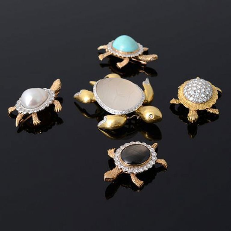 18k and 14k gold diamond turtle estate brooches