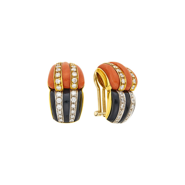Gold, coral, onyx and diamond bombé earclips