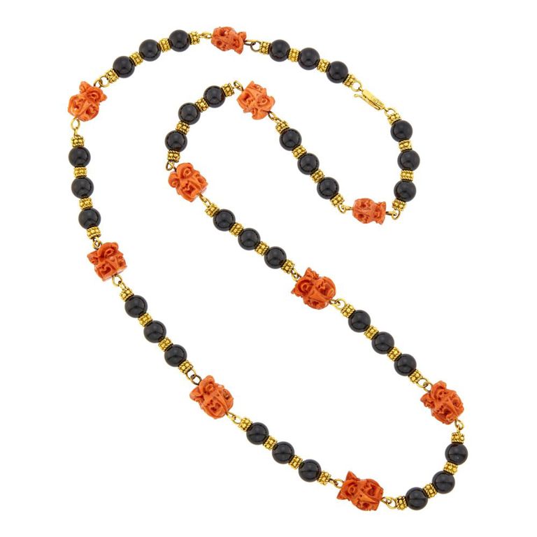 Gold, coral and onyx bead necklace