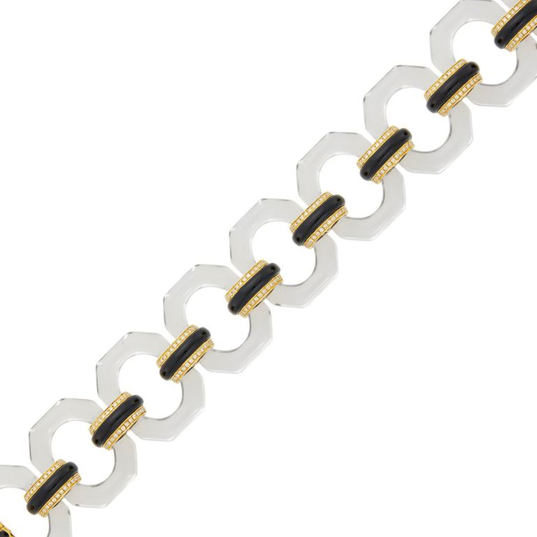 Gold, rock crystal, onyx and diamond link bracelet