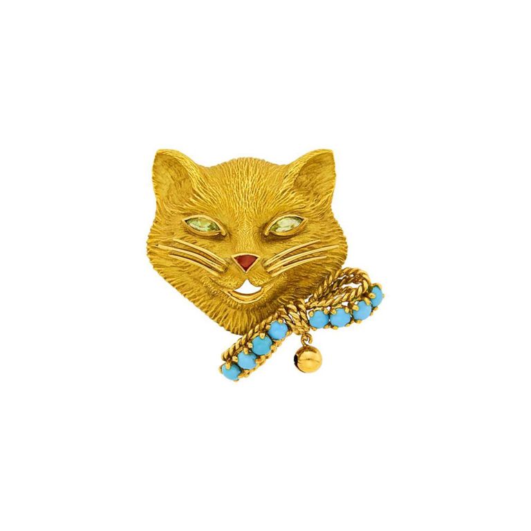Fred Paris gold, peridot, turquoise and coral cat clip-brooch