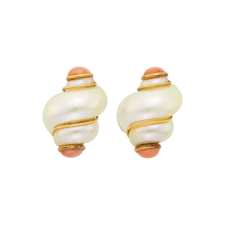 Maz gold, shell and angel skin coral earclips