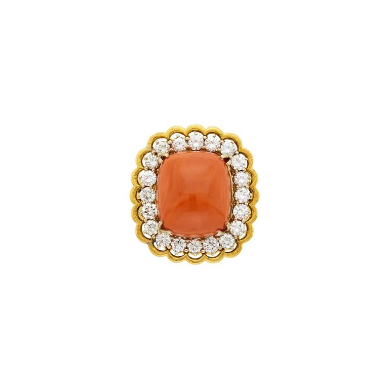 Gold, coral and diamond ring