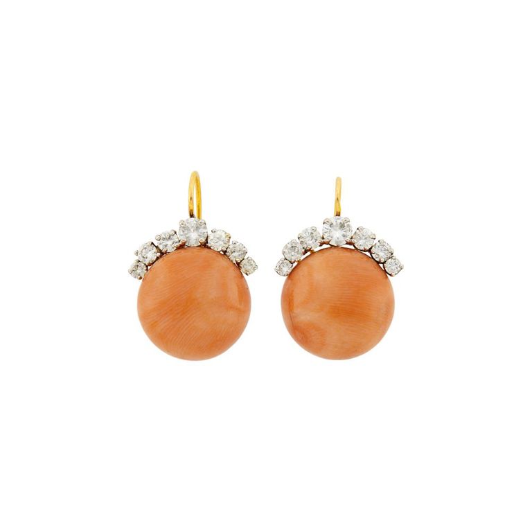 Gold, angel skin coral and diamond earrings