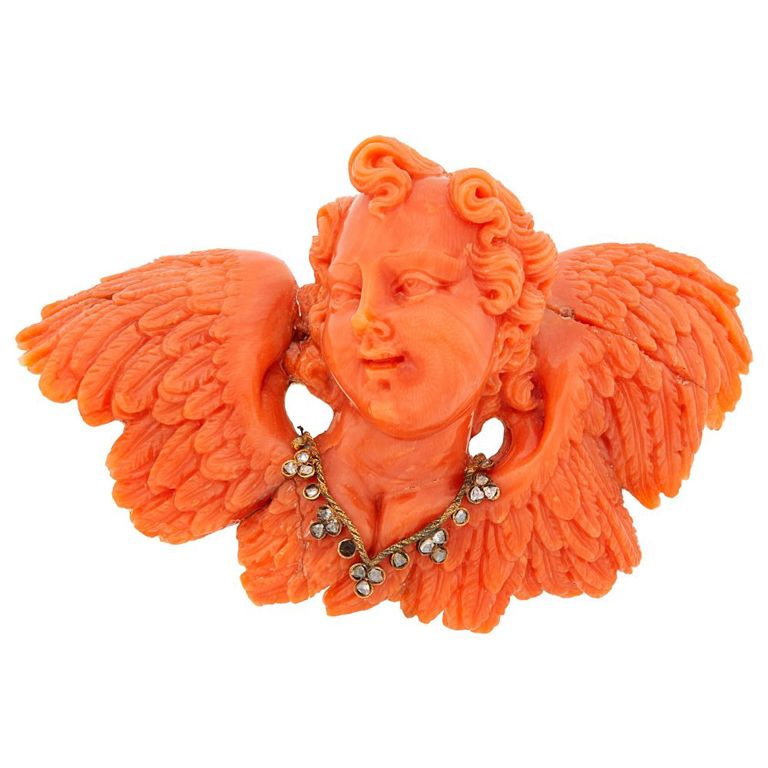 Antique carved coral, gold, silver and diamond cherub brooch