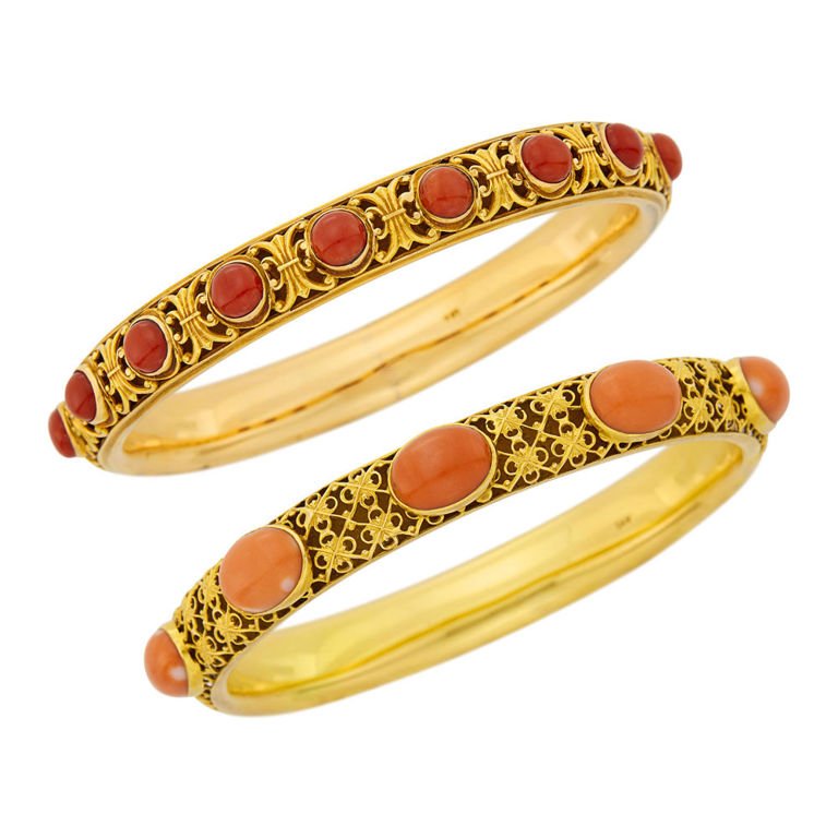 Two antique gold and coral bangle bracelets