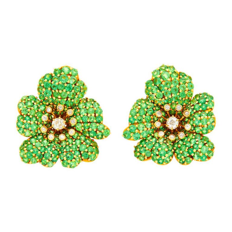 Gold, green garnet and diamond flower earclips