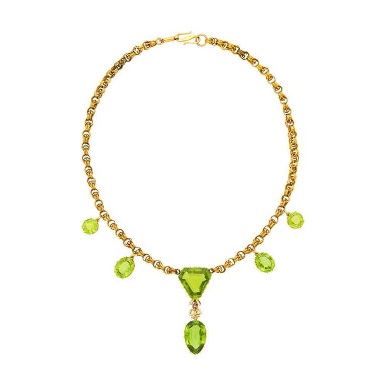 Antique gold, peridot and white enamel bow pendant-necklace