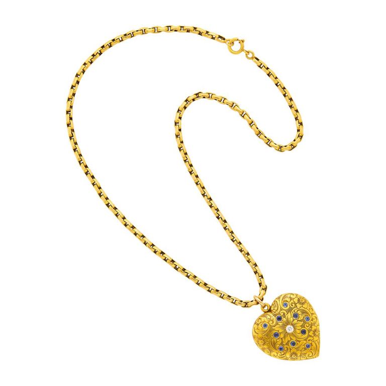 Antique gold, sapphire and diamond heart locket with gold link necklace