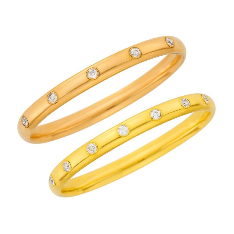 Pair of antique yellow and rose gold diamond bangle bracelets
