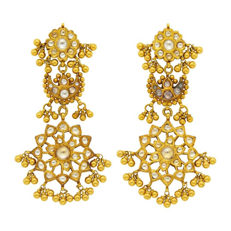 Pair of Indian gold and foil-backed white sapphire pendant-earrings