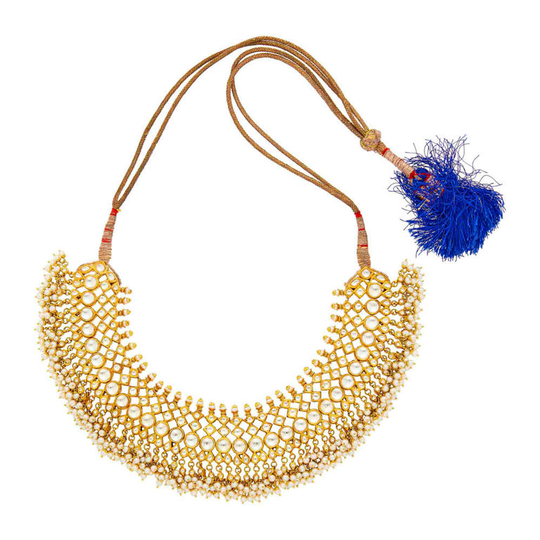Indian gold, foil-backed white sapphire and freshwater pearl fringe necklace with cord