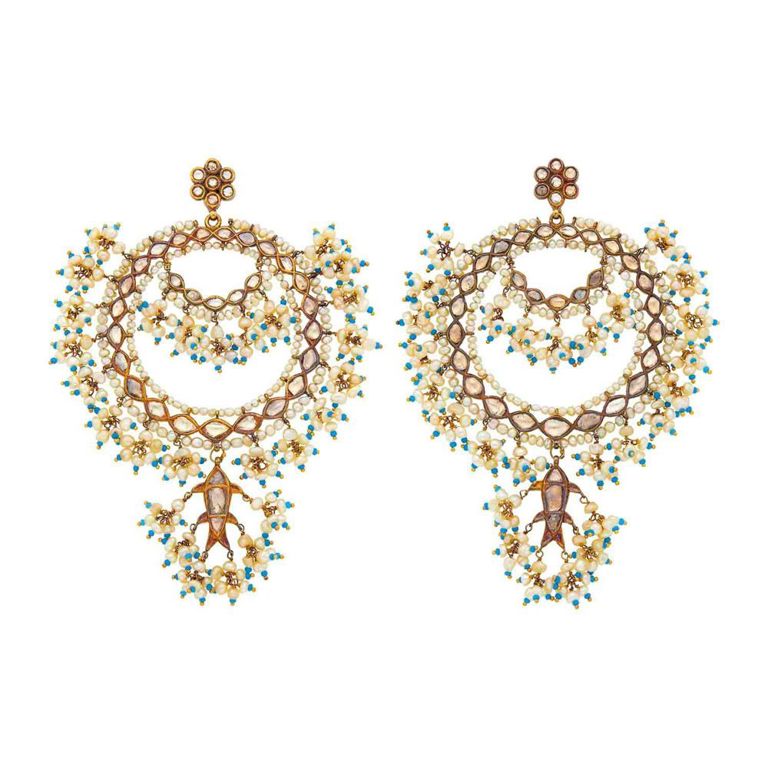 Gold, diamond, pearl, and turquoise bead earrings