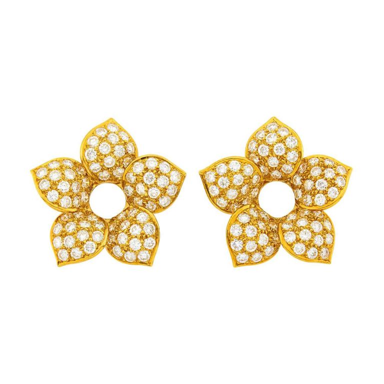 Pair of gold and diamond flower earring jackets
