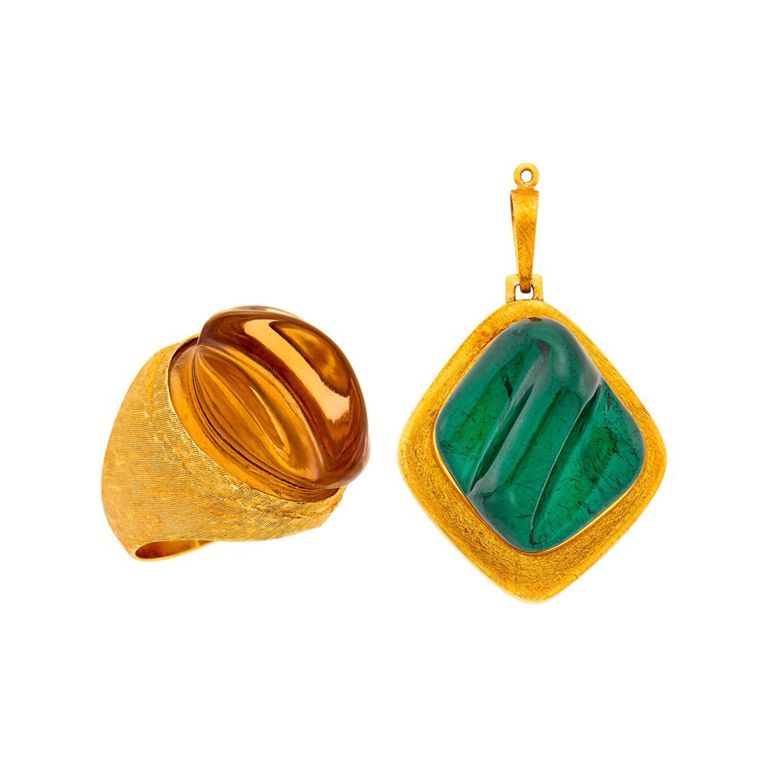 Burle Marx gold and carved cabochon green tourmaline pendant and citrine ring