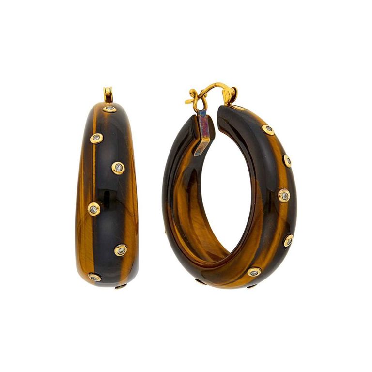Pair of gold, tiger's eye and diamond hoop earrings