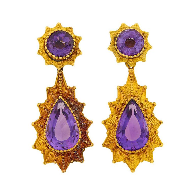 Pair of antique gold and amethyst pendant-earclips