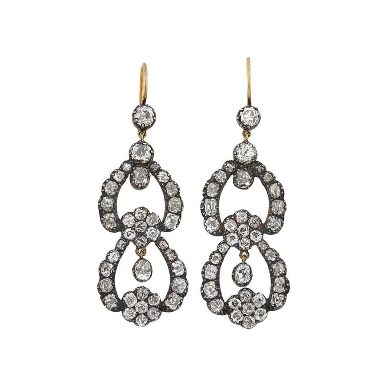Pair of silver, gold and diamond pendant-earrings